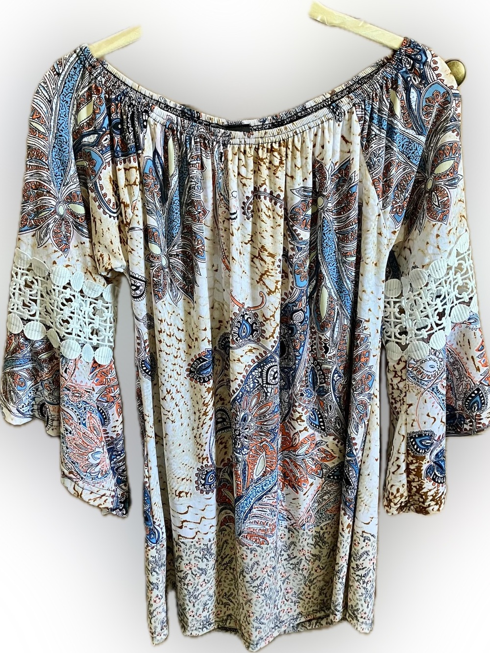 WinWin Cream, Blue & Rust Paisley Off-Shoulder Tunic
